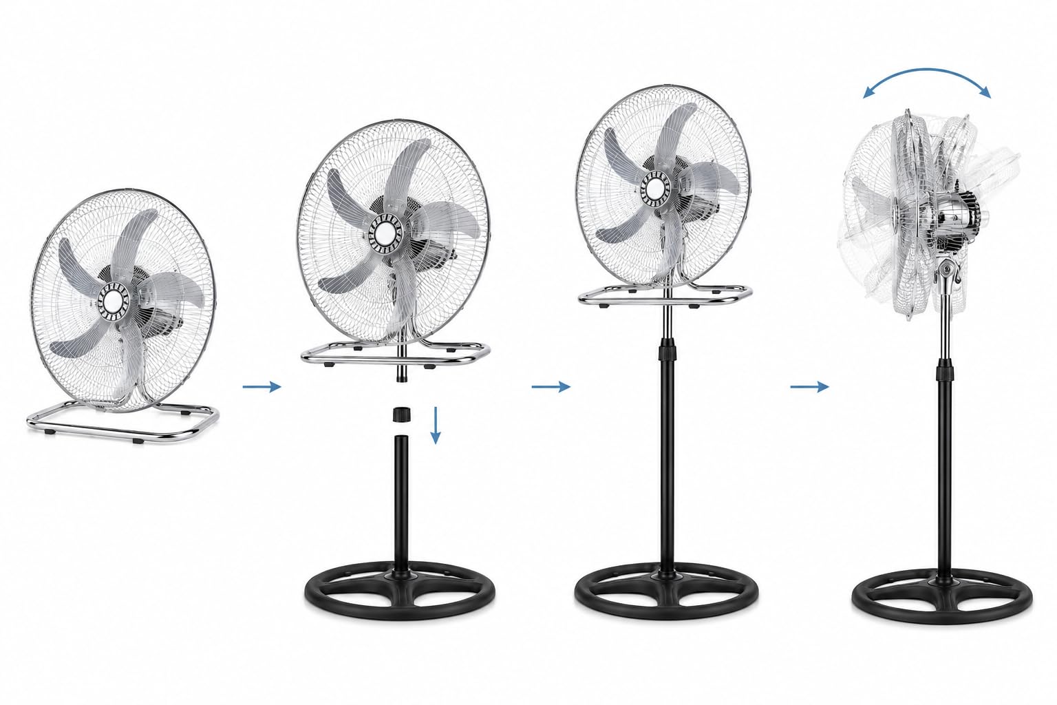 Generico Ventilatore 3 in 1 da Terra e Tavolo Cromato, Ventilatore Oscillante con Piedistallo Regolabile, Ventola Silenziosa ad Alta Potenza, Design Moderno in Metallo per Casa Ufficio Camera