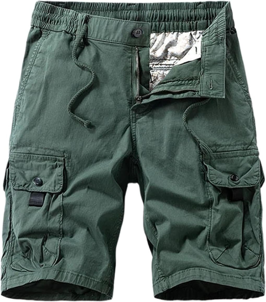 Men Summer Solid Color Cotton Cargo Straight Shorts Men Casual Elastic Waist Shorts Male