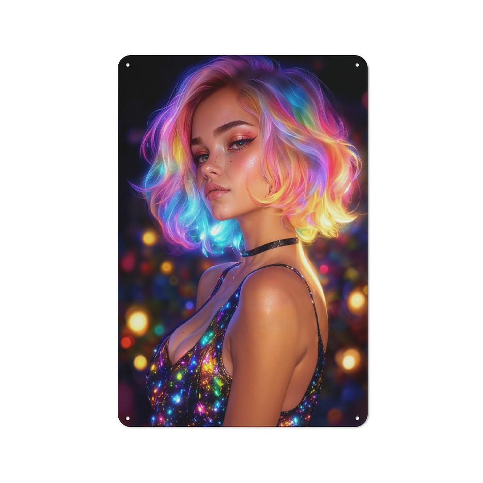 Junmoney Style-5 Neon Hair Woman Rustic Tin Wall Plaque 30X20cm For Hobby Room Or Studio, A New Home Present For Creative Interior Collectors