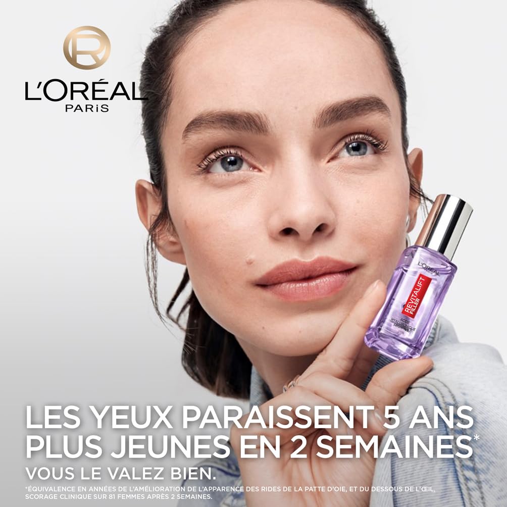 L'Oréal Paris - Sérum Contour des Yeux - Anti-Rides , Anti-Poches & Anti-Cernes - À l'Acide Hyaluronique Pur et à la Caféine - Embout Triple-Bille innovant - Revitalift Filler - 20 ml - 3