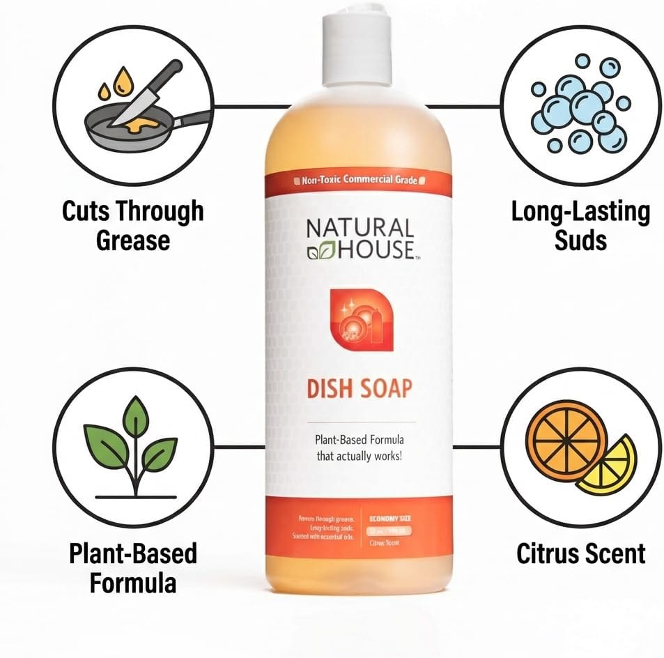 Natural House Scrubby - Probiotic Hand Dish Soap - Cuts Grease - Plant-Based Formula - Gentle on Hands - Citrus Scent - 128 oz