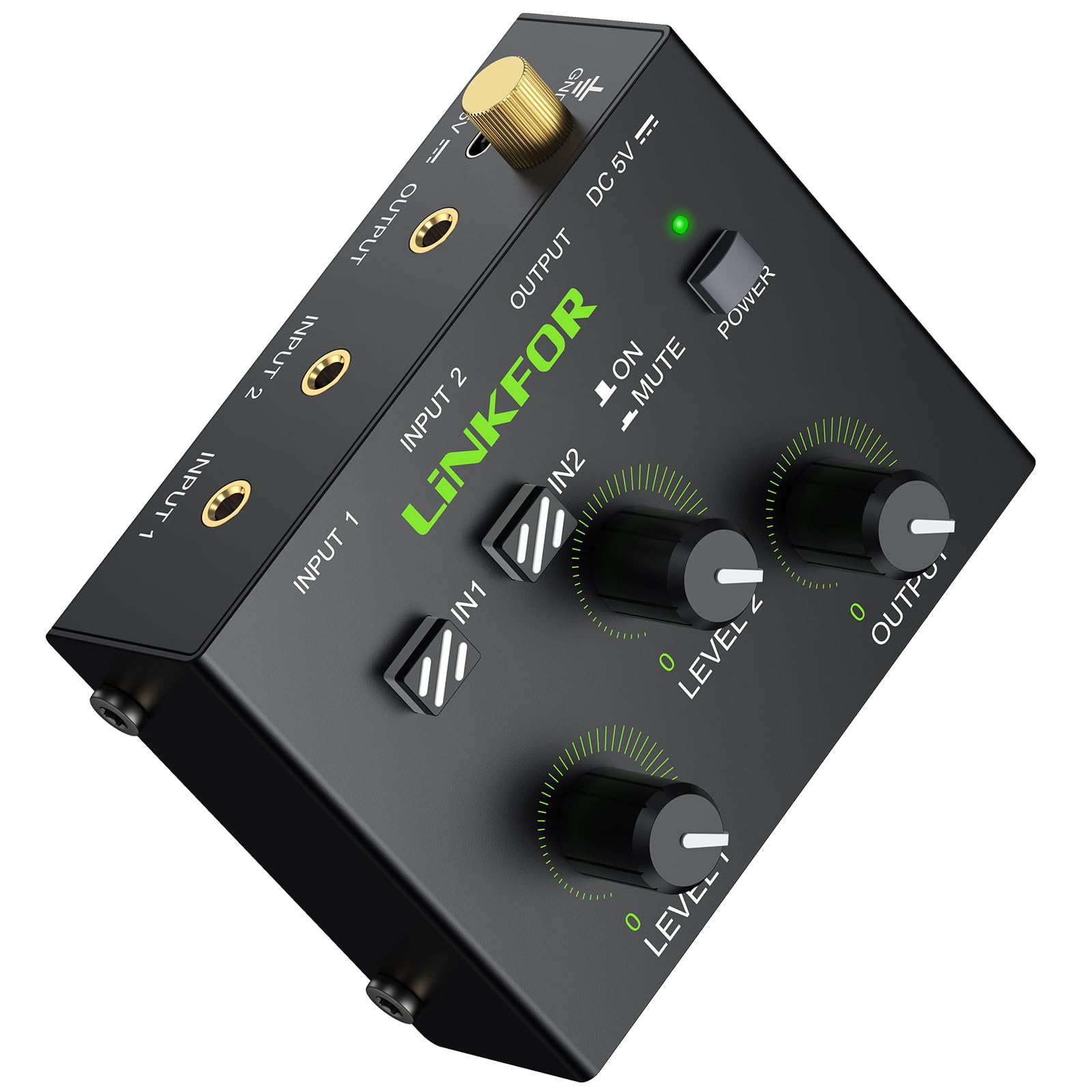 LiNKFOR Mixer Stéréo 3.5mm 2 Canaux avec Préamplificateur Table de Mixage Mini avec Contrôle Volume Doré Câbles et Alimentation Inclus