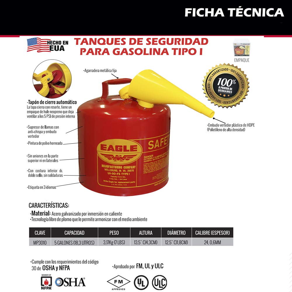 New Deal Eagle UI-50-FS Red Galvanized Steel Type I Gasoline Safety Can with Funnel, 5 gallon Capacity, 13.5 Height, 12.5 Diameter,Red/Yellow Black Friday - 40% OFF Eagle UI-50-FS Red Galvanized Steel Type I Gasoline Safety Can with Funnel, 5 gallon Capacity, 13.5 Height, 12.5 Diameter,Red/Yellow