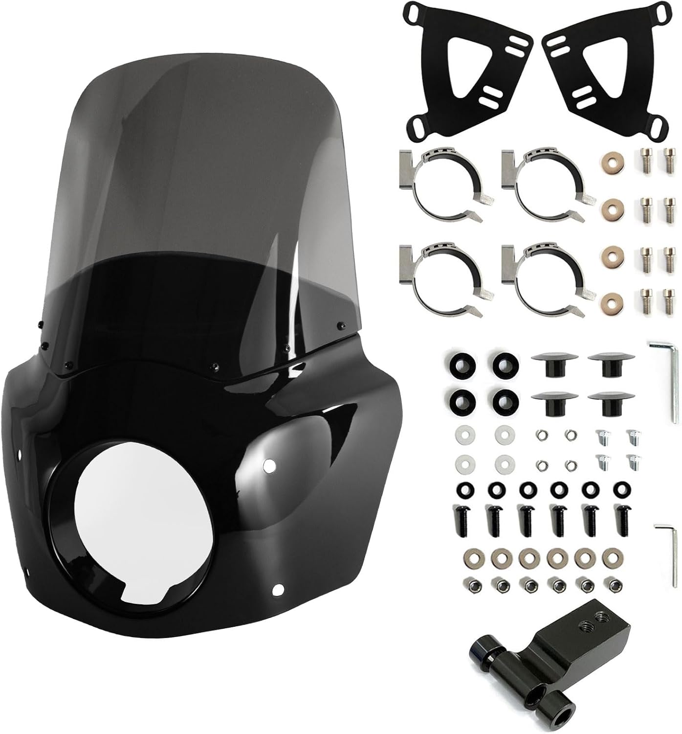 Road-Warrior-Style Fairing With 15" Windshield Kit Fit for Harley Softail Street Bob FXBB FXBBS FXST, Motorcycle Headlight 5.75" Fairing Smoked Windscreen, 48-58mm Forks with Extension