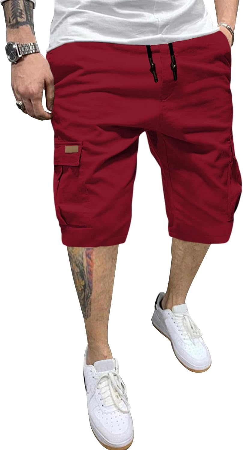 JMIERR Mens Casual Cotton Twill Cargo Shorts Drawstring Classic Chino Stretch Short with 6 Pockets