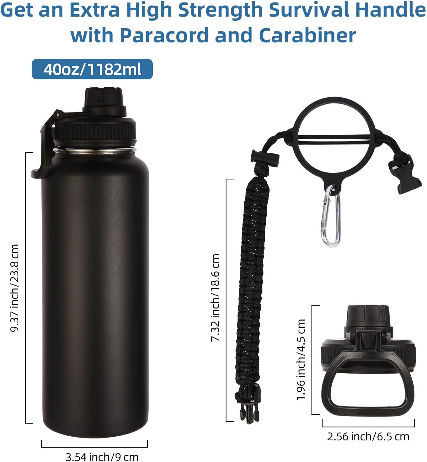 Volhoply 40 oz Insulated Water Bottles Paracord Handle, Stainless Steel Sports Bottle with Spout Lid, Double Walled Travel Water Cups with Wide Mouth, Reusable Water jug for Adults (Black, 1 Set) - Image 3