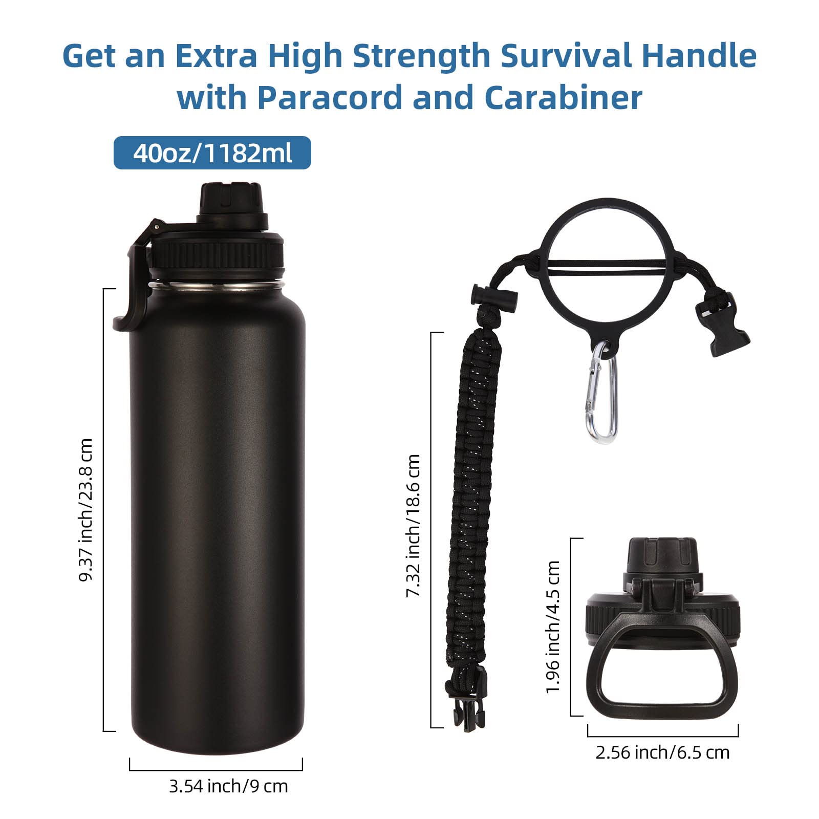 Volhoply Insulated Water Bottles Bulk 4 Pack, 40 oz Stainless Steel Sports Bottle with Paracord Handle & Spout Lid, Double Walled Metal Travel Water Thermos with Wide Mouth for Cold Drink(Black,4 Set)