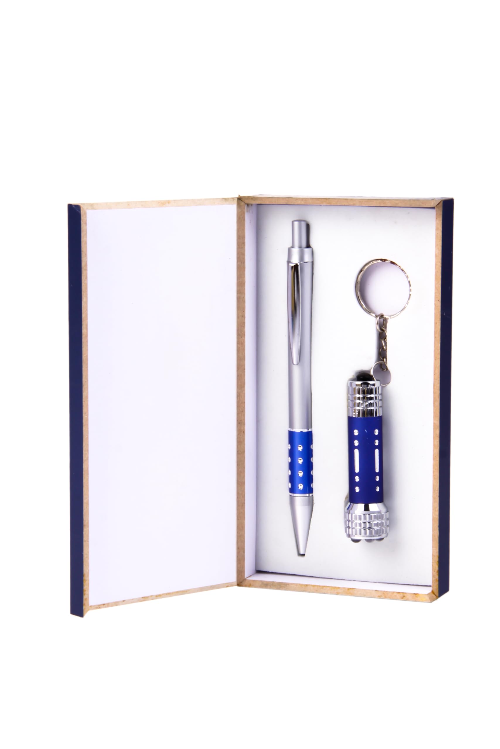 Lote de 20 Set de Bolí­grafo y Llavero con Linterna en Caja de Madera Azul - Detalles Originales Invitados de Bodas, Regalos Comuniones y Recuerdos para Cumpleaños Infantiles