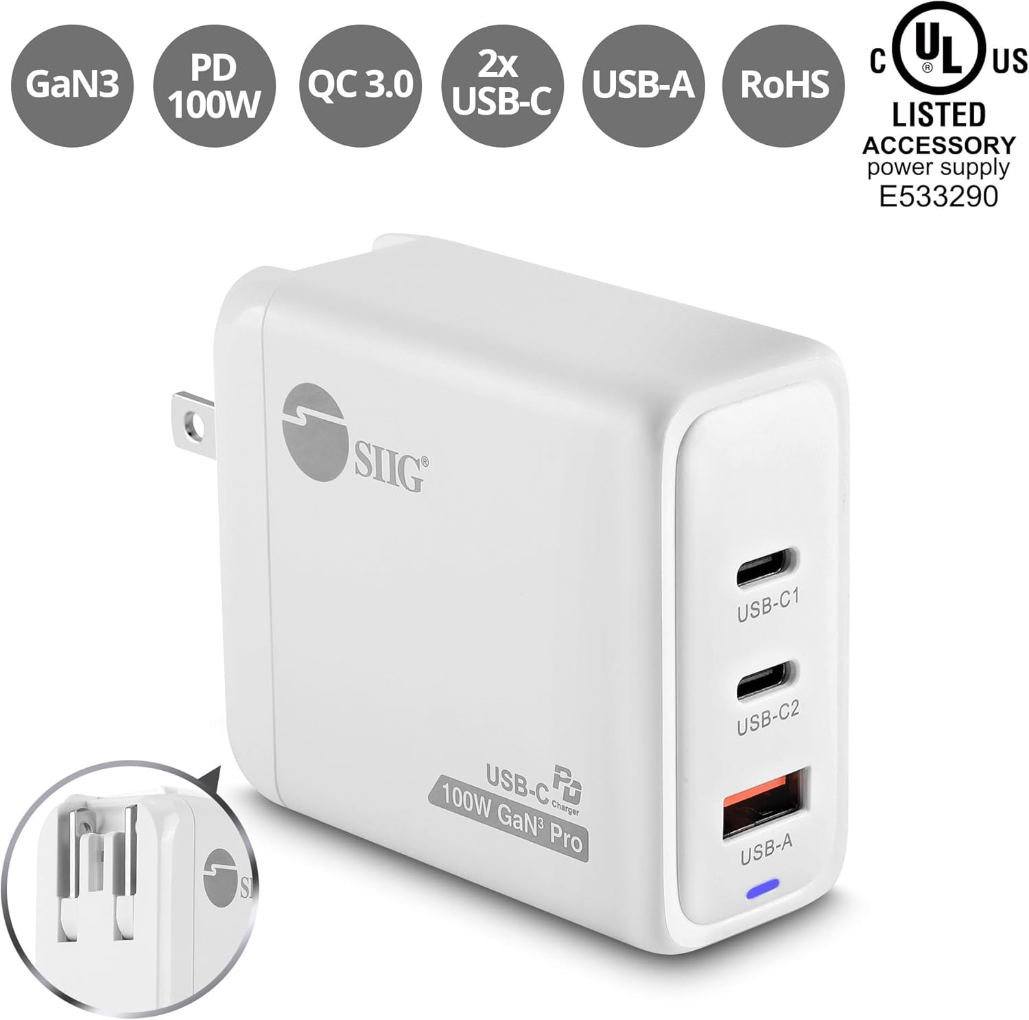 SIIG 100W USB C Charger, 3-Port GaN 3 Pro Fast Wall Charger, 2 USB-C PD 3.0, 1 USB-A QC 3.0 Ports, Compact Foldable Plug, ETL Certified, for MacBook, iPhone, Samsung Galaxy, and More (AC-PW1Z11-S1)