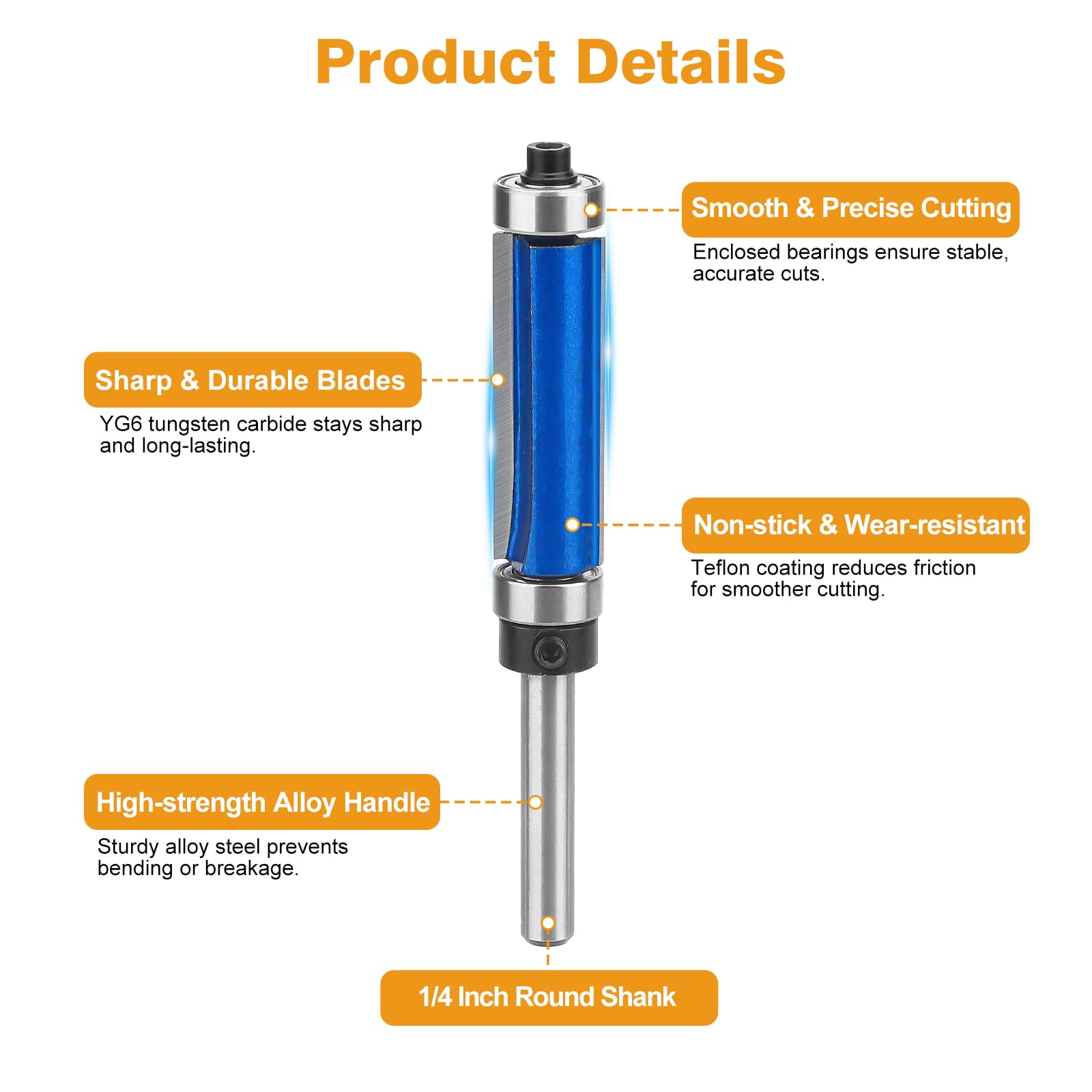 Linkstyle 4pcs Flush Trim Router Bit Set, 1/4" Shank Carbide Router Cutters with Top & Bottom Bearings, Hex Wrenches - Image 3