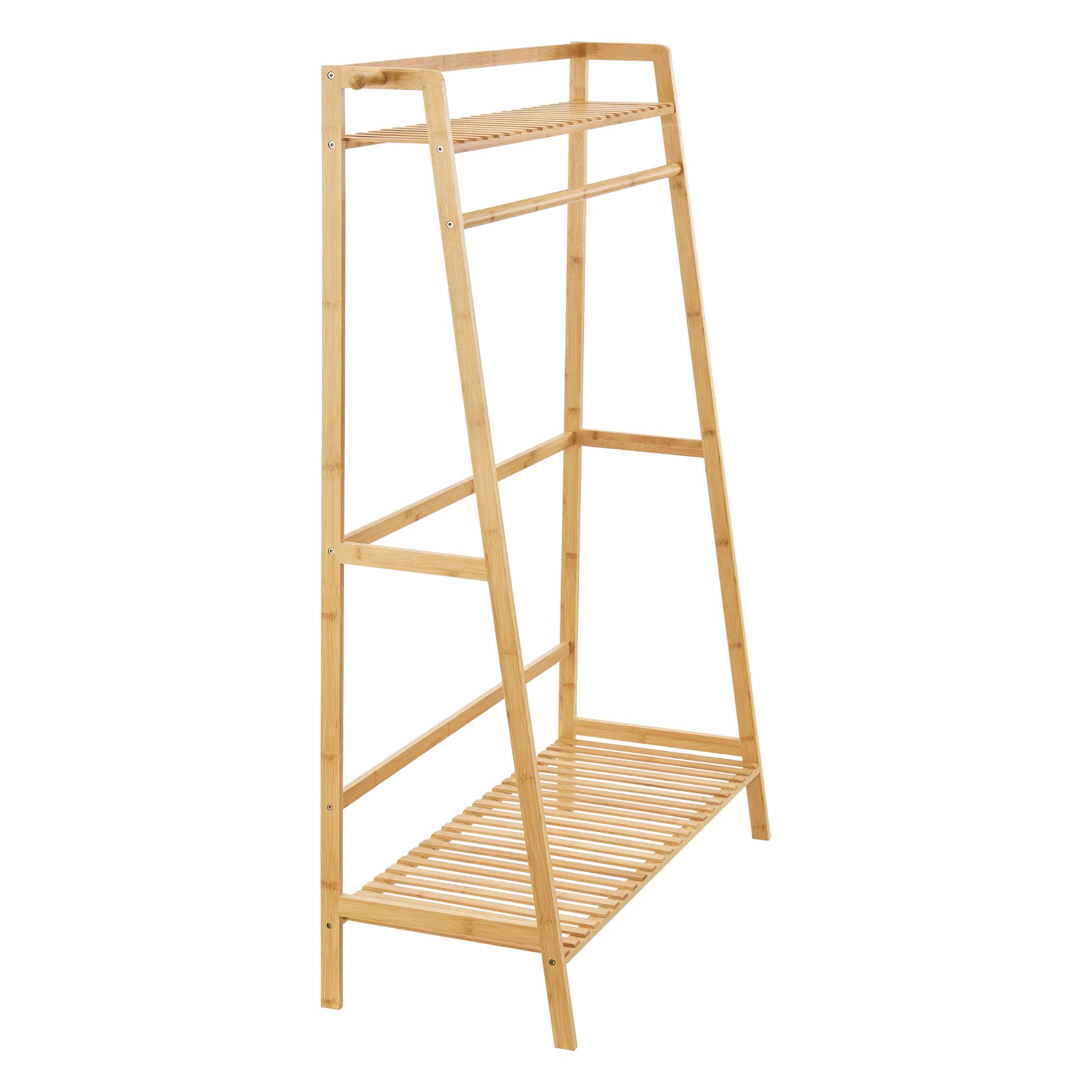 [en.casa] Stand Appendiabiti in bambù (AxLxP) 139 x 100 x 40 cm Organizzatore Guardaroba - Porta Abiti con Barra, 2 Ripiani e 2 Ganci Laterali