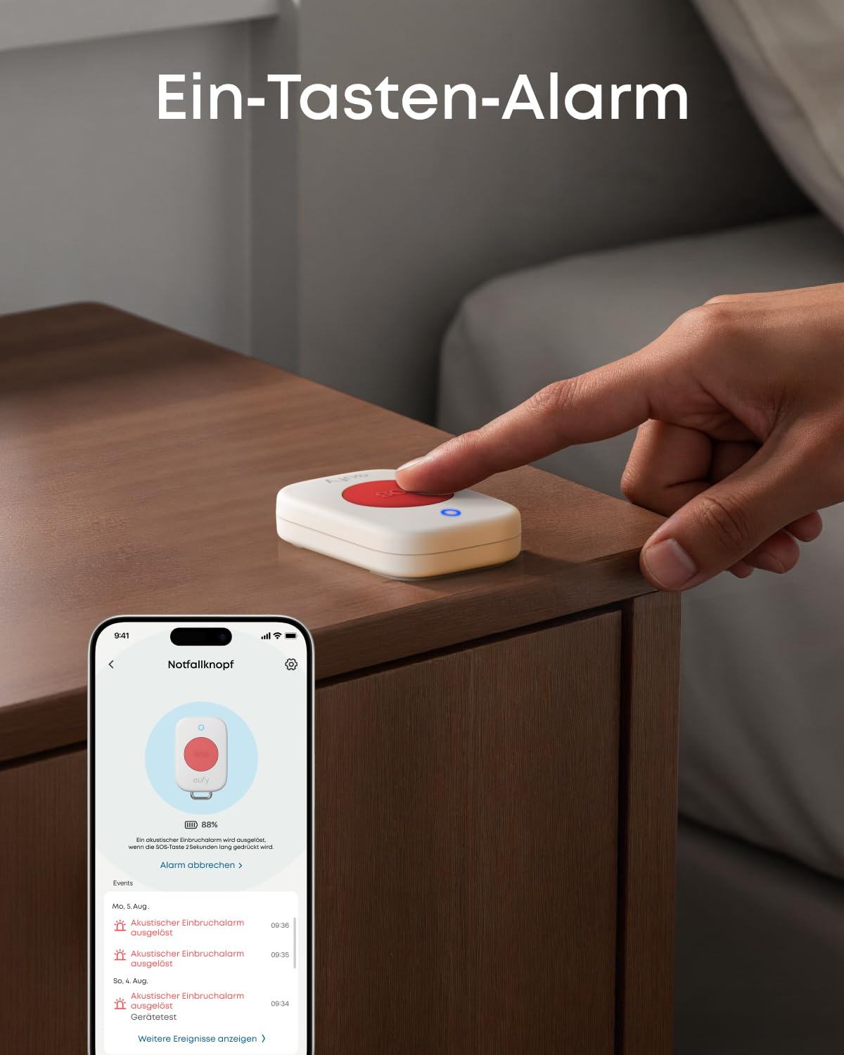 eufy Notfallknopf E10, wetterfest für alle Einsatzbereiche, langlebige Batterie, vielseitige Trage- und Befestigungsmöglichkeiten, erfordert eine EU-Version von HomeBase 2, 3, Mini oder Pro
