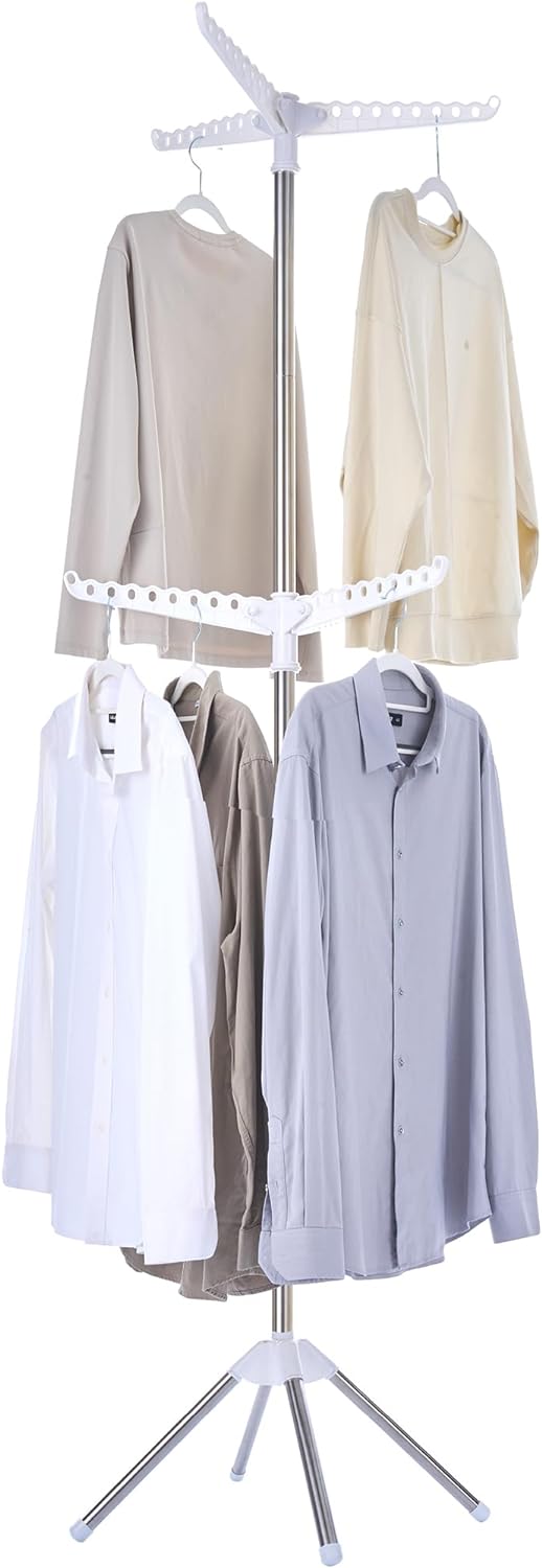((SIMILAR ))Clothes Drying Rack Foldable, 74.8 inch 2 Tier Laundry Drying Rack with Rotating Clothes Rail for 54 Pieces of Clothes, Space Saving, Indoor, Stainless Steel, White and Silver CDR002W01 2-Tier White + Silver