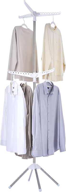 Clothes Drying Rack Foldable, 74.8 inch 2 Tier Laundry Drying Rack with Rotating Clothes Rail for 54 Pieces of Clothes, Space Saving, Indoor, Stainless Steel, White and Silver CDR002W01