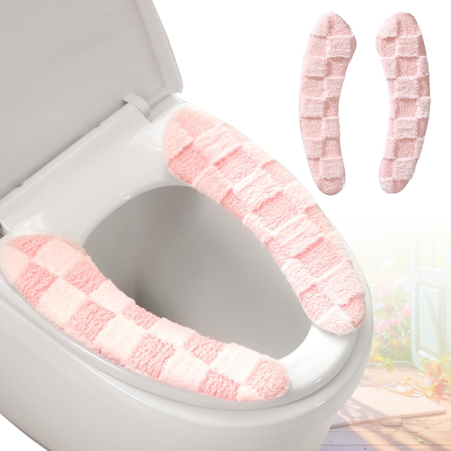 Thick and Warm Plush Toilet Seat Cover – Washable, Reusable Cushion with TPR Adhesive & Checkered Pattern for Comfort & Insulation (Pink)