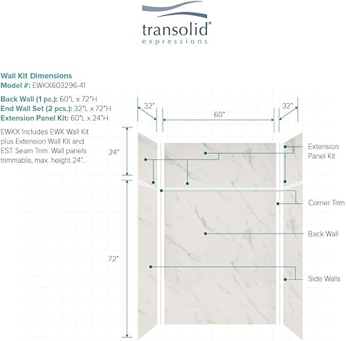 Miniatura 134 de Transolid EWKX483696-41 Expressions - Kit de pared de ducha de 6 paneles con extensión, 36 pulgadas de largo x 48 pulgadas de ancho x 96 pulgadas
