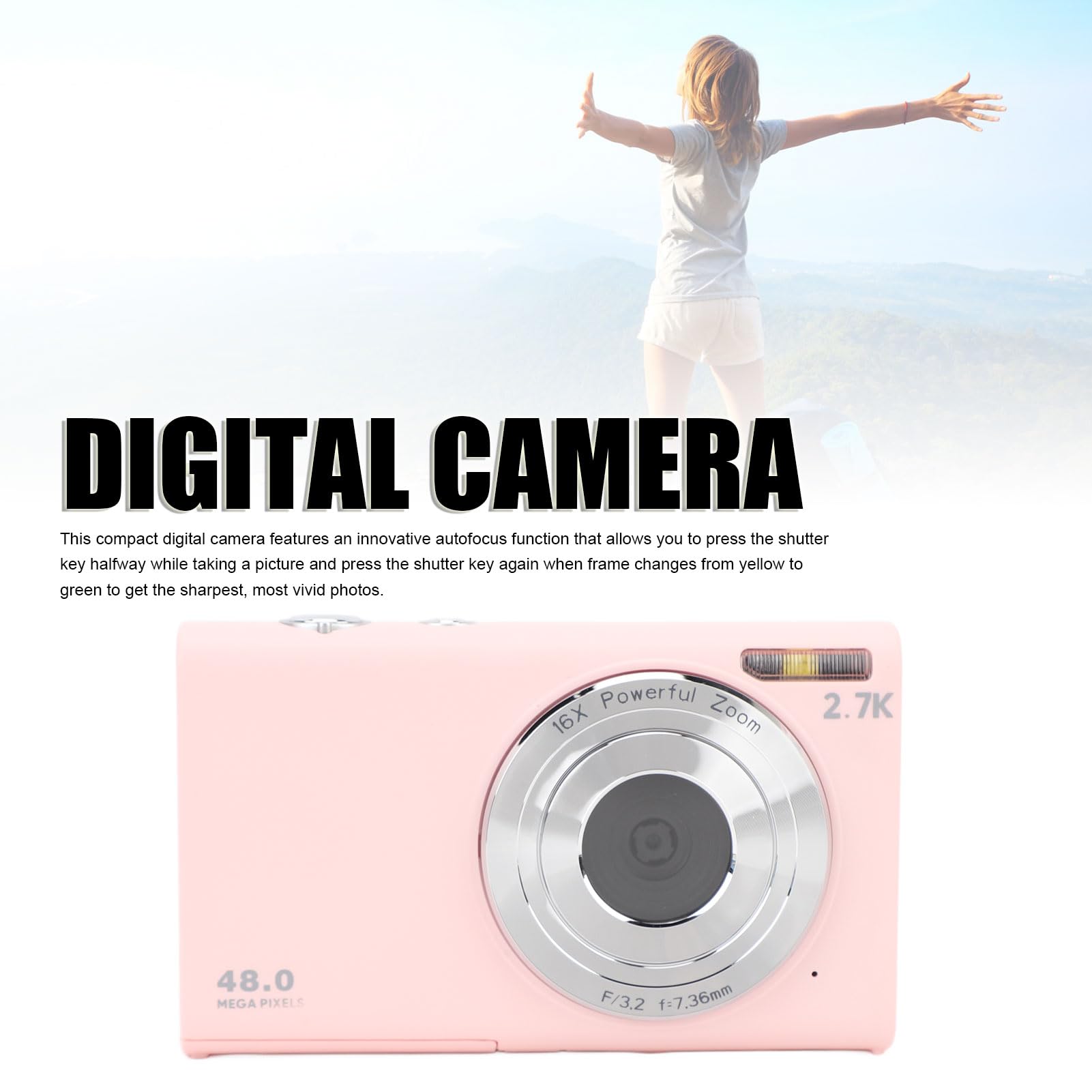 Cámara digital compacta de 2.7 K, 48 MP, función automática, zoom de 16x, pantalla de 2.8 pulgadas para entusiastas de los viajes, vloggers y principiantes (Roseate)