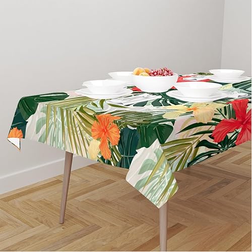 Vista 4 de Mantel para mesas rectangulares, mantel de 60 x 84 pulgadas con flores tropicales de hibisco, hojas de palma impermeables para cocina, cena