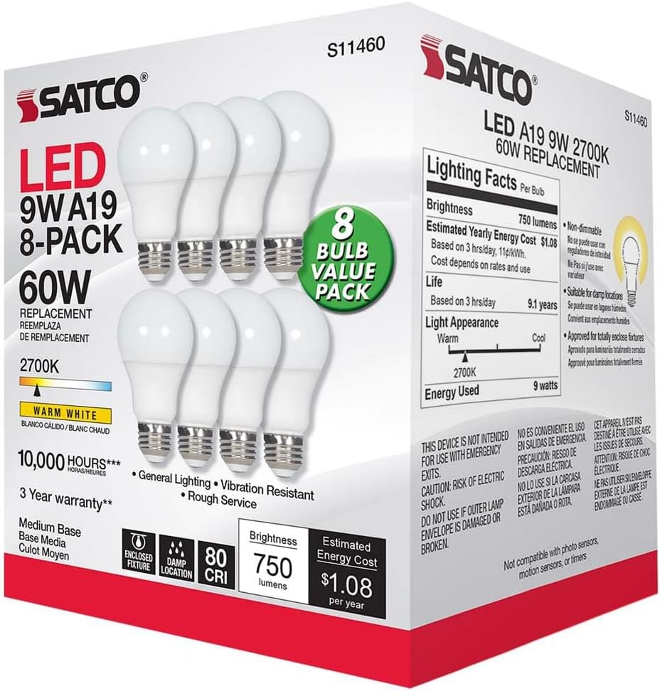 Satco S11460 9W LED A19 8-Bulb Value Pack, 60W Replacement, White, 9 Watts