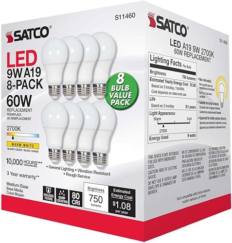 Miniatura 4 de Satco S11460 - Paquete económico de 8 bombillas LED A19 de 9 W, reemplazo de 60 W, blanco, 9 vatios