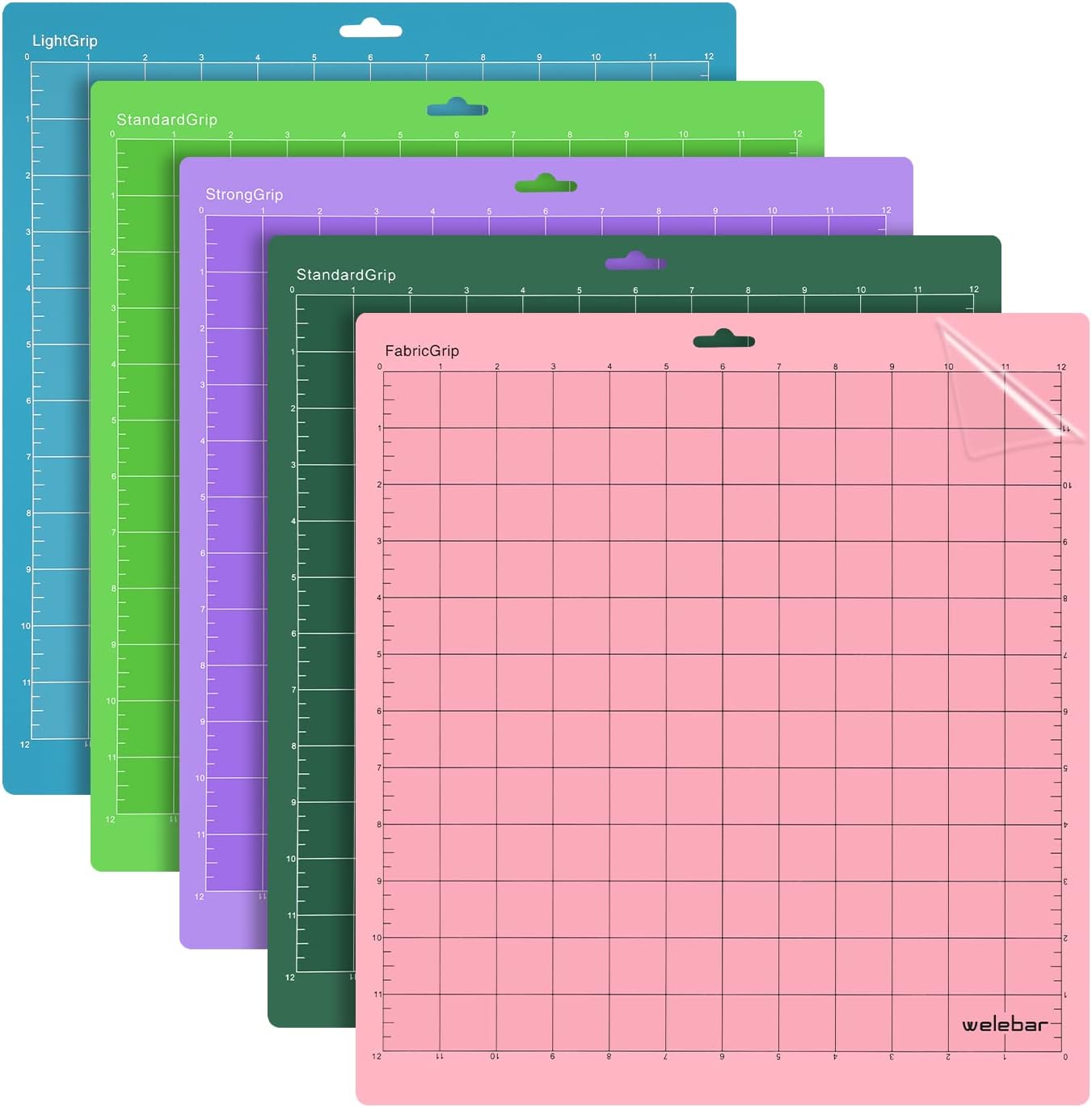 Cutting Mats Compatible with Cricut Maker 3/Maker 4/Maker/Explore 3/Explore 4/Air 2/Air, 5 Pack(12x12 Inch, StandardGrip/LightGrip/StrongGrip/FabricGrip) Quilting Cutting Mats