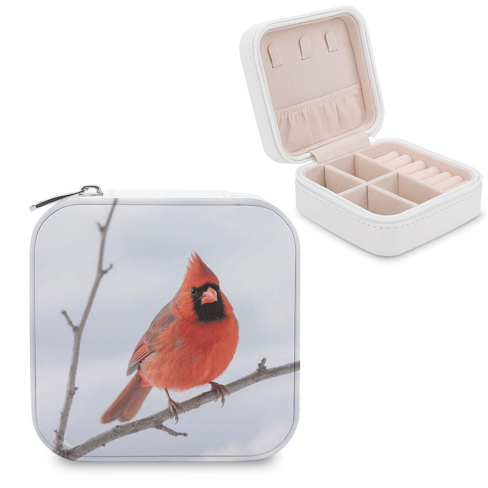 VstaDank Cardinal Bird Jewelry Box for Women Jewelry Organizer Storage Case with Zipper Mini Travel Jewelry Case Cute Trinket Organizer Leather Portable Jewelry Storage Box