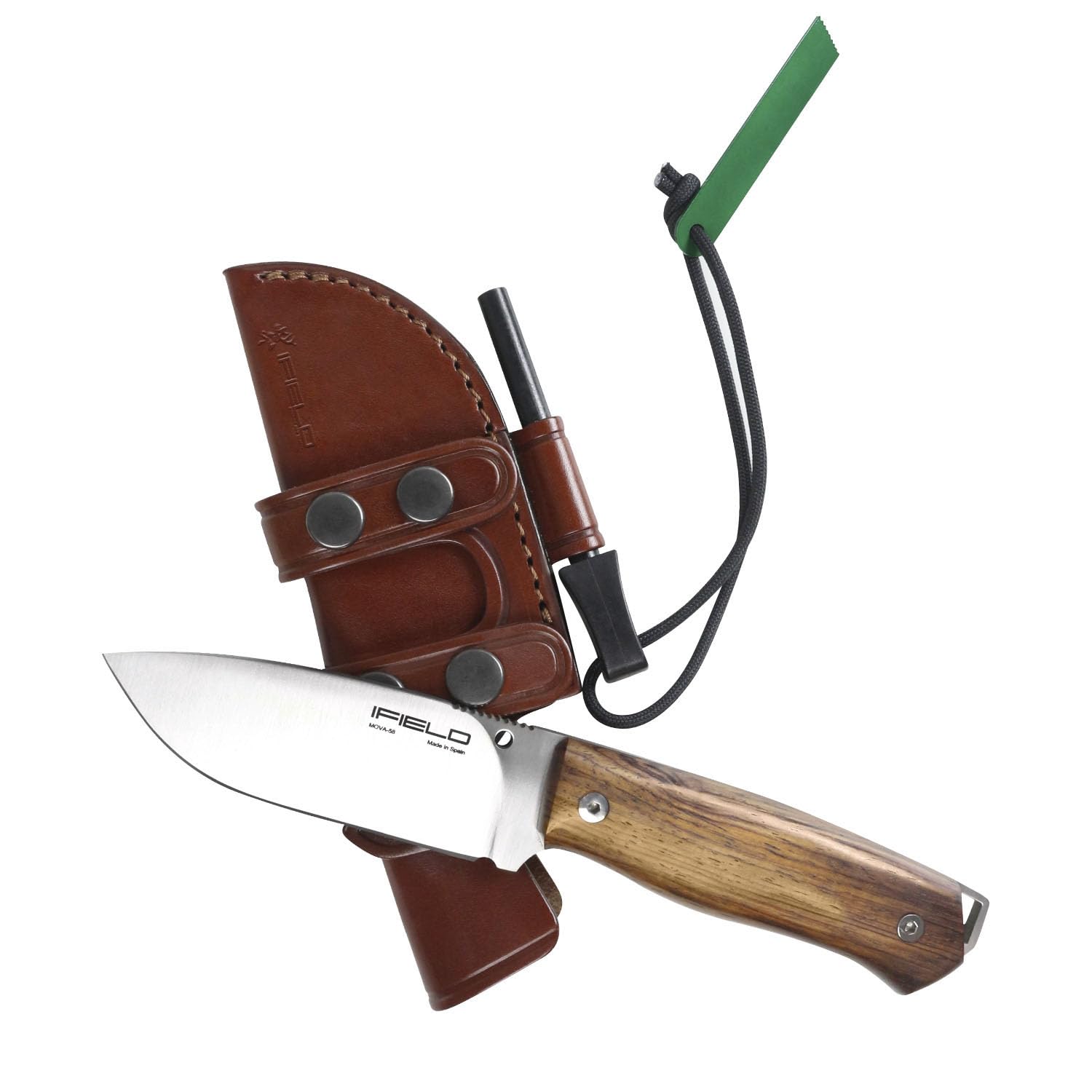iFIELD EL29106 Multifunzionale escursionismo, caccia e sopravvivenza coltello per l'esterno, manico in legno Cocobolo con acciaio inox MOVA-58, fatto in Albacete (Spagna)