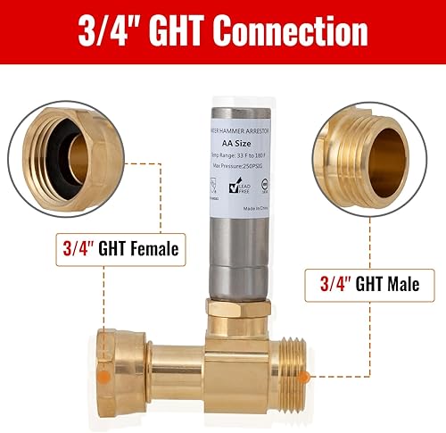 Miniatura 2 de SUNGATOR Martillo de agua para lavadora, 34 pulgadas MHT x 34 pulgadas FHT, martillo de agua recto de acero inoxidable para detener el choque de la