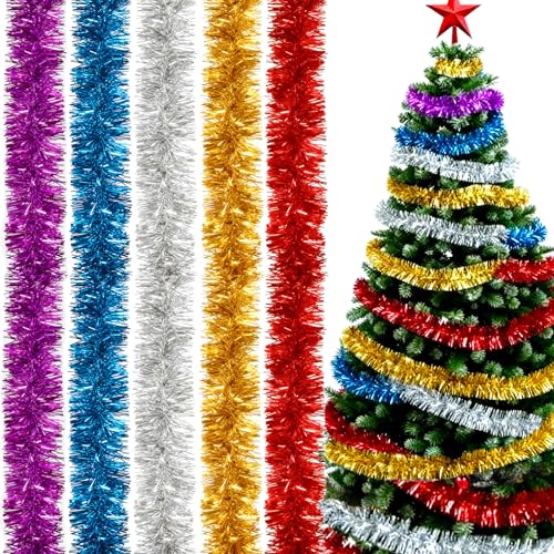 YGVQN 5 Guirnalda Espumillón de Navidad, Multicolor Guirnalda Espumillón, Decoración Colgante para árbol de Navidad, Chimenea, Barandilla de Escalera, Apta También para Boda y Fiesta