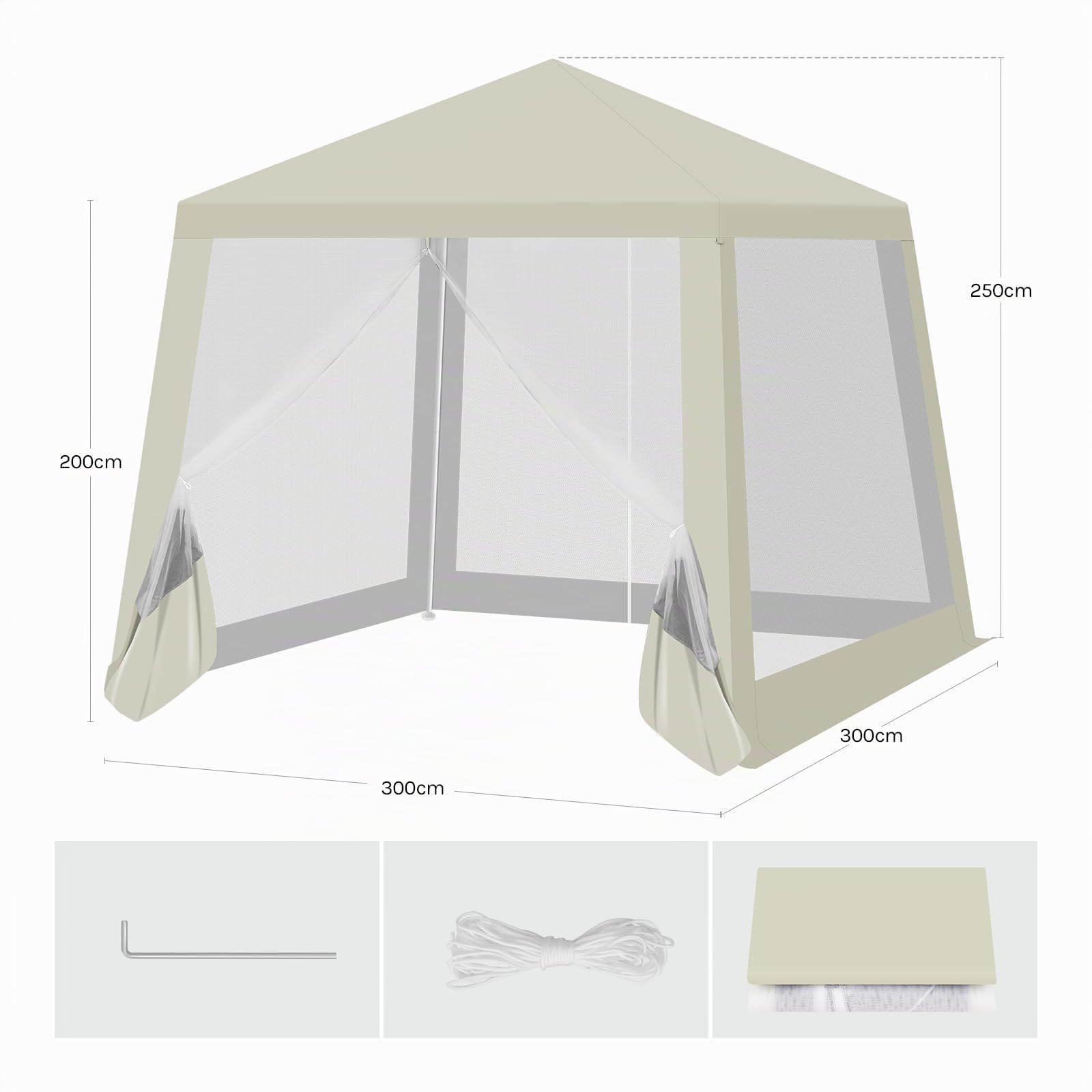 WOLTU Pérgola Plegable de Jardín con Techo y Paredes de Malla - Pabellón Cenador 3x3 m para Exteriores, Camping, Playa - Tela Oxford, Beige