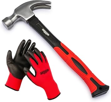 20oz Claw Hammer, Forged Steel, Heavy Duty with Fibreglass Handle and Non-Slip Rubber Grip, Work Gloves Included - Suitable for Carpentry and DIY