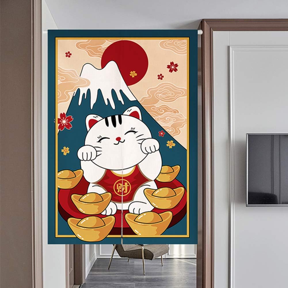 Japanese Noren Doorway Curtain Tapestry Maneki Neko Lucky Cat and Mount Fuji Printed Door Curtain Ukiyoe Room Divider Home Decoration, 33 x 59 inches