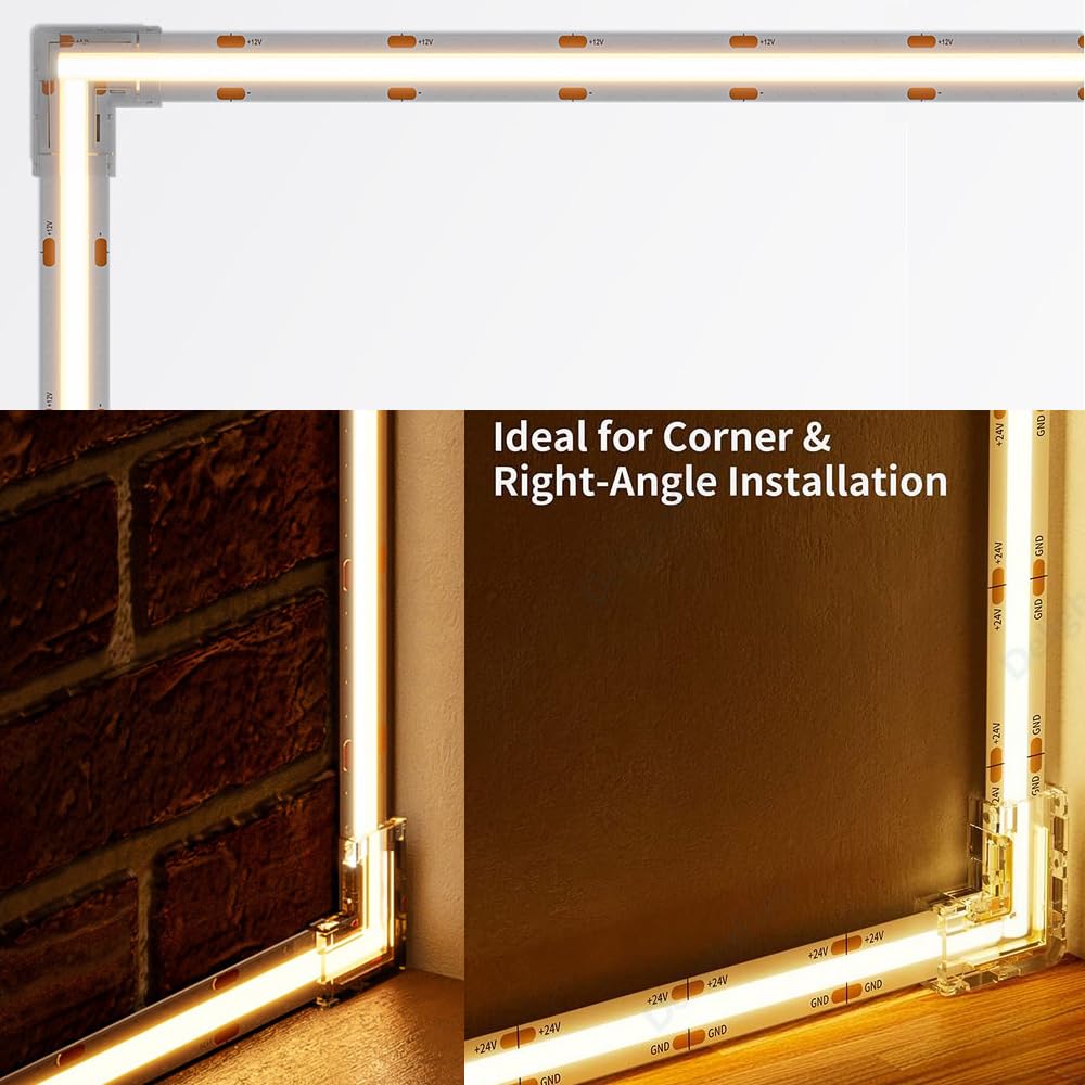 TOKERU 2-Pin 8mm COB LED Strip L-Shape Connectors for Corner Turns Solder-Free Transparent Adapter for 8mm Single-Color COB Strips - Image 4