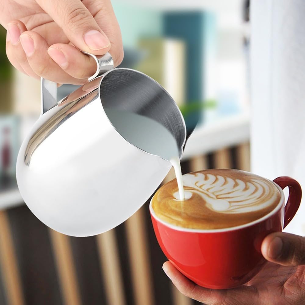 Stainless Steel Milk Frothing Pitcher with Spout Design & Anti-Slip Handle Barista Steaming Jug for Latte Art Espresso Machine Accessory(350ml)