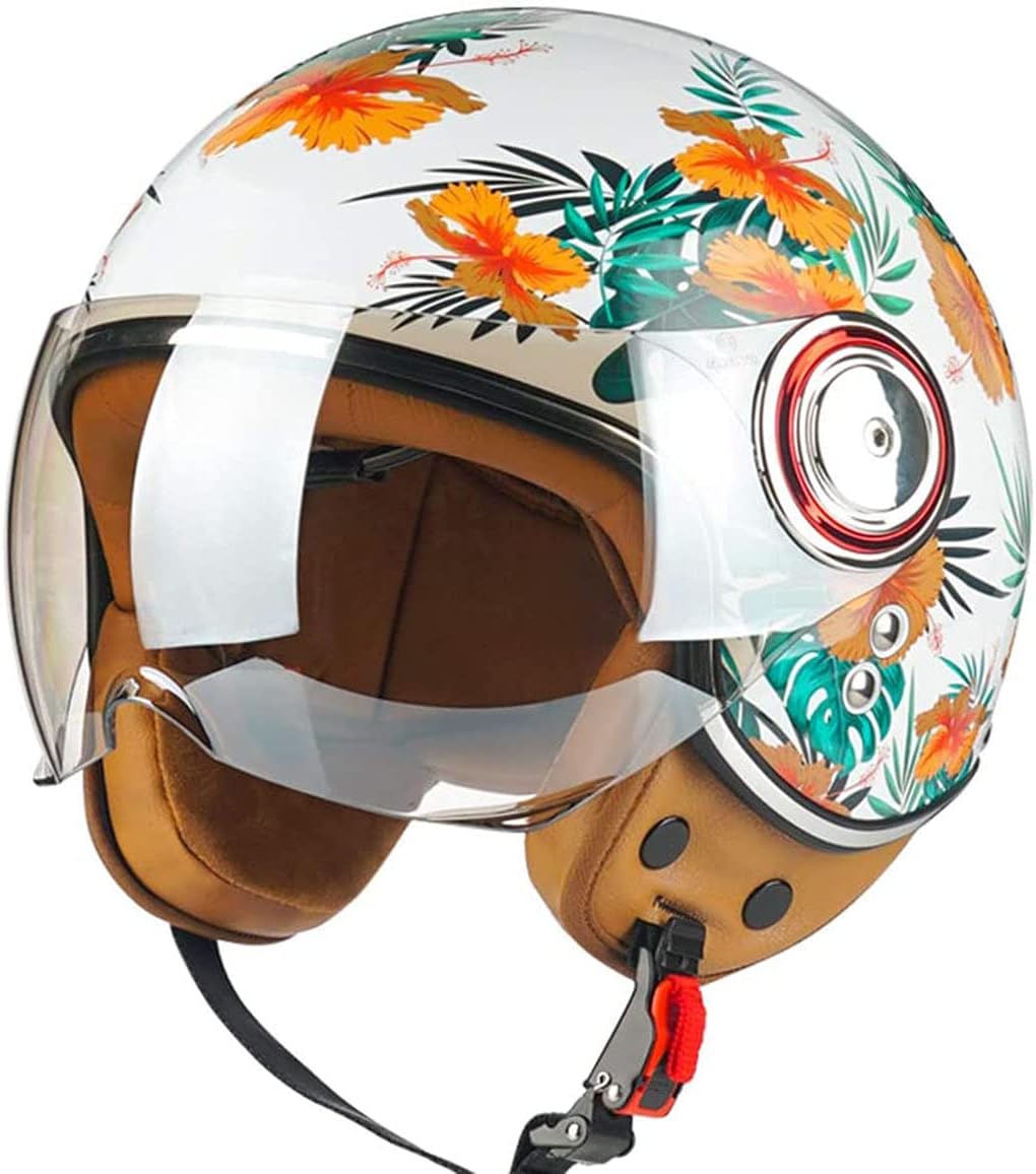 Motorcycle Helmet for Adults Cool Girl Style Retro Half Helmet with Visor, Vintage 3/4 Motorcycle Helmet, for Men Women Scooter Motocross Moped ECE/DOT Approved Helmet
