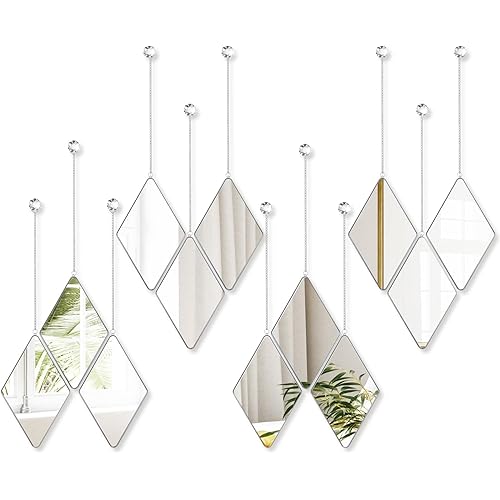 Qunclay 12 Pcs Diamond Wall Mirror Decorative Set Hanging Mirrors with Chain Frame Diamond Decorative for Wall Decor Living Room Entryway Bedroom Farmhouse Home Decor(Silver)