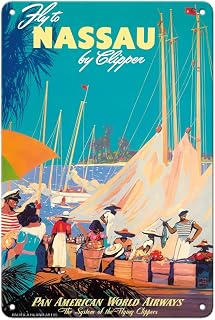 Fly to Nassau by Clipper - New Providence Island Bahamas - Pan American World Airways - Vintage Airline Travel Poster by Mark Von Arenburg c.1950s - 8 x 12 inch Vintage Metal Tin Sign