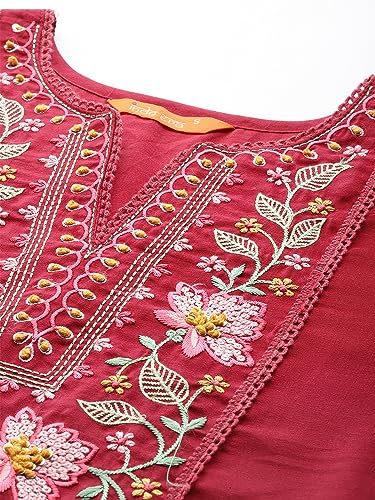 Image of INDO ERA Women's Maroon Embroidered Silk Blend Kurta with Pant & Dupatta Set