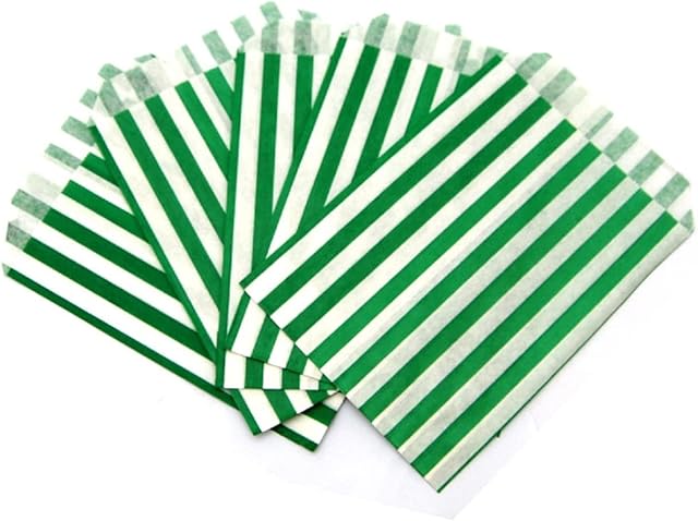 Sabco - 100 Green Sweet Candy Striped Paper Bags 5 x 7" for Confectionary Party Favour Pick n Mix Wedding Sweets Gift Bag (100, 5 x 7")