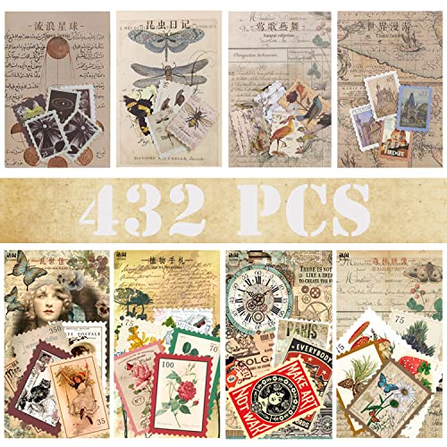 432 Stück Vintage Briefmarken Aufkleber, 8 Stile Retro Scrapbook Papier Aufkleber Ästhetisch Botanisch Dekoratives Papier für Journaling Scrapbooking Bullet Journal Tagebuch Planer Kunsthandwerk