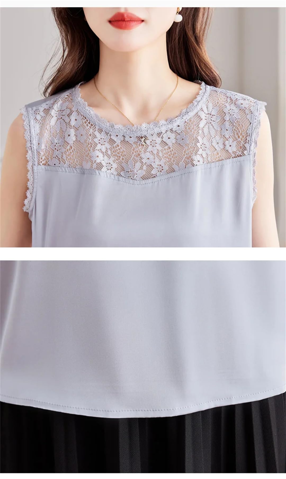 Canotta da donna in raso di seta con scollo a V primaverile estate moda patchwork pizzo ricamato canotte