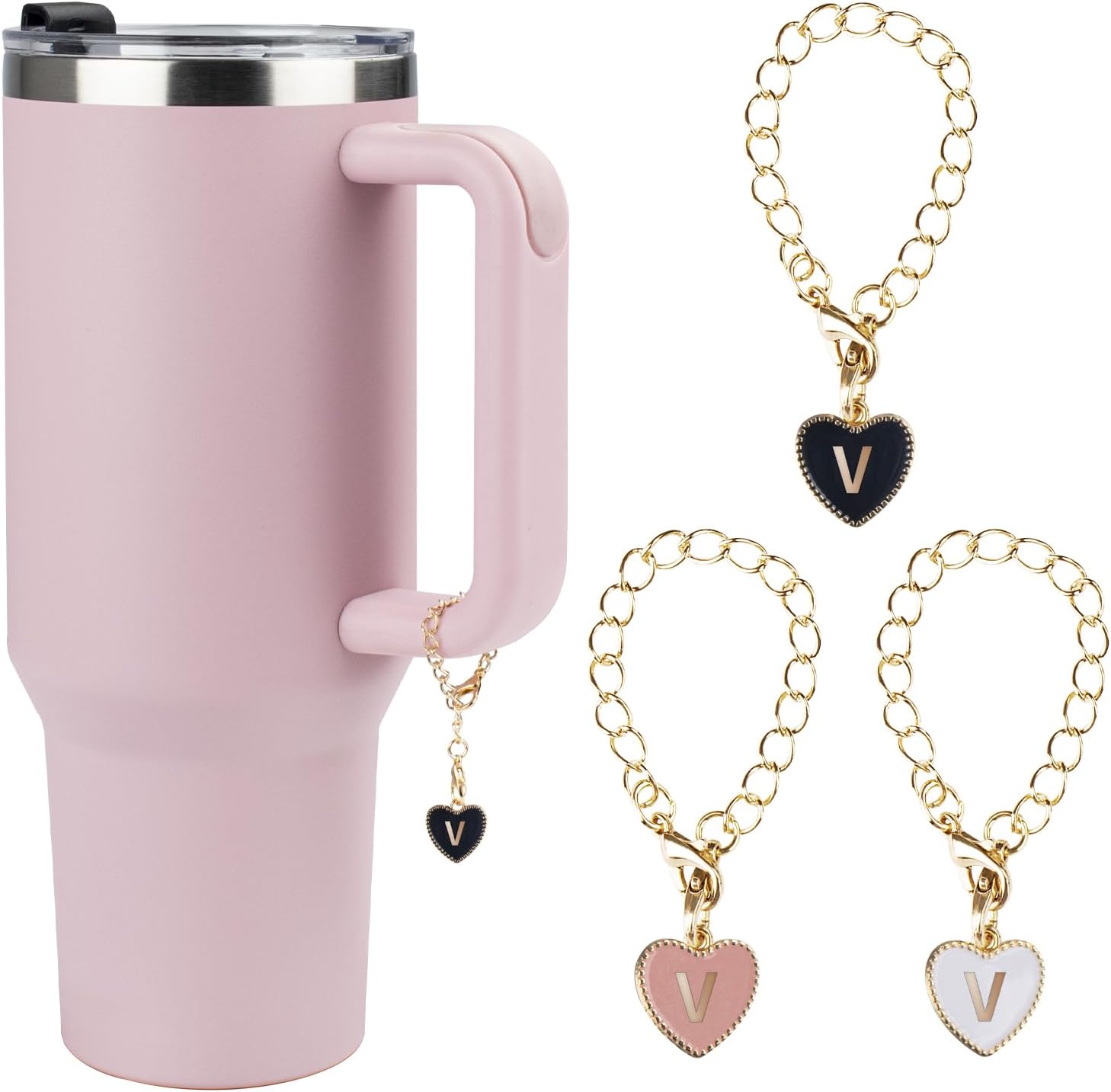 StarSpeed Letter Charms Accessories for Stanley Cup, 3Pcs Heart Alphabet Pendant Personalized Initail Name ID Decor Set for Stanley Tumbler with Handle(3pcs,V)