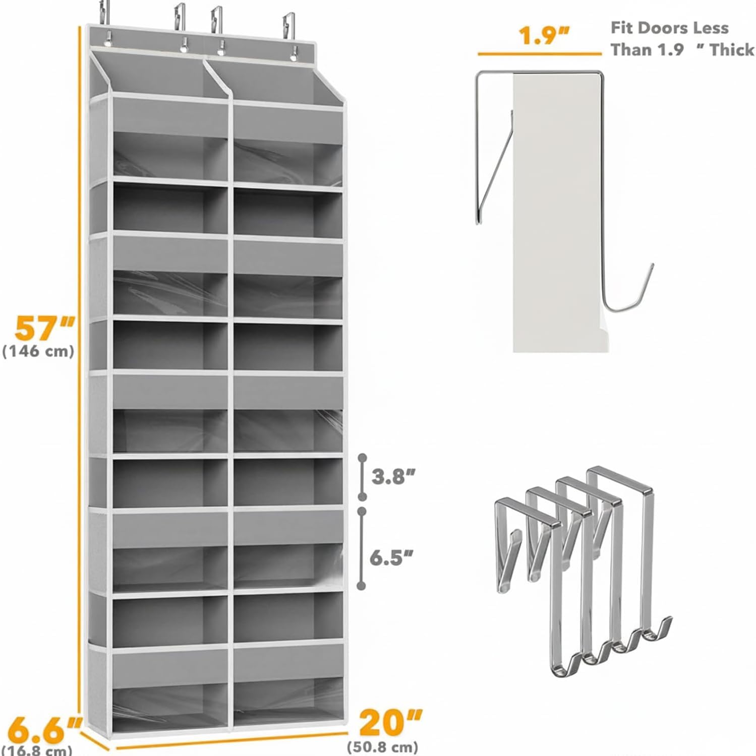 Hanging Yarn Storage Organizer, 5 Tiers Large Capacity Yarn Organizer with 10 Compartments and 10 Side Pockets for Crochet Hook, Over Door Organizer for Knitting Needles, Transparent Yarn Holder, Grey