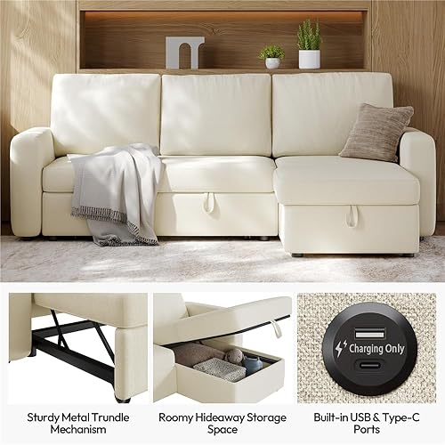 Miniatura 13 de Yaheetech Sofá modular en forma de L con diván y USB, sofá cama reversible con cama extraíble y espacio de almacenamiento, sofá convertible de tela