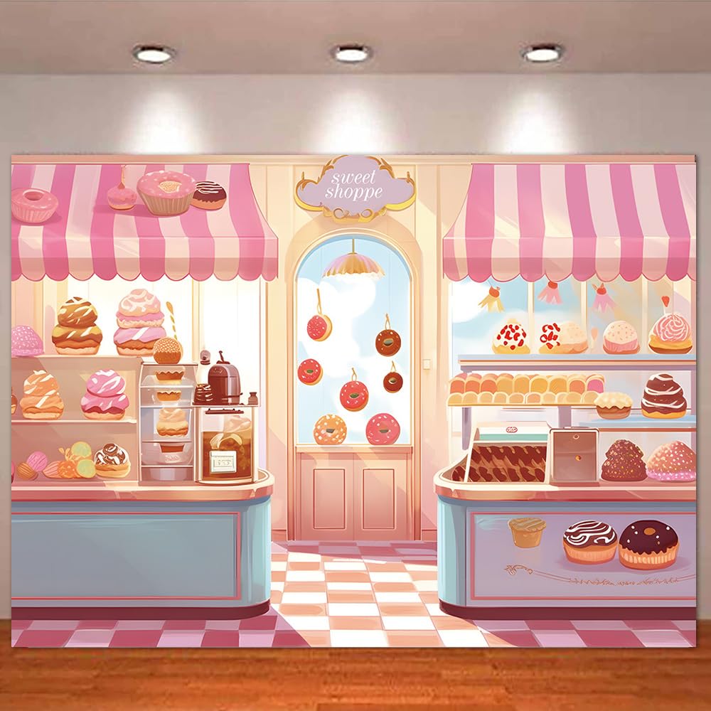 HQM Pink Cute Sweet Shop Banner Donut Cake Candy Shop Bakery Store Cake Donut Ice Cream Girls Princess Birthday Baby Shower Party Photography Backdrop