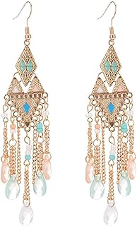 Crystal Beaded Long Tassel Dangle Drop Earrings Bohemian Gold Tassel Earrings Vintage Ethnic Style Beaded Chain Earrings Colorful Beaded Tassel Earrings for Women Teen Girls