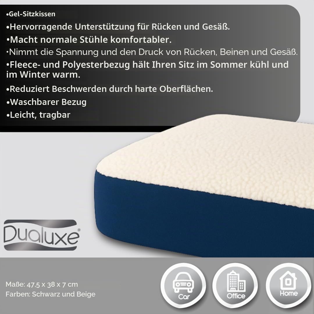 DUALUXE (2) Ergonomisches Gelkissen für Sitzkomfort – 47,5 x 38 x 7 cm – Entlastet Rücken, Gesäß & Beine – Ideal für Bürostuhl, Auto, Home-Office & Rollstuhl – Waschbarer Bezug – Leicht & Tragbar