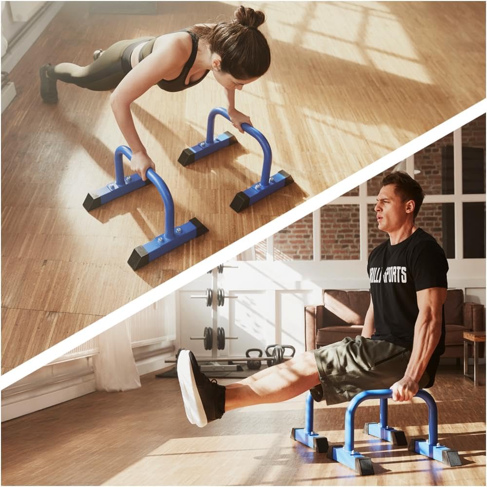 Gorilla Sports® Barres de Pompes - Paire, Charge Max 200kg, Antidérapante, Acier, Noir/Bleu/Rouge - Poignées de Pompe, Fitness Parallettes, Barres Parallèles, Calisthenics, Push Up Bars, Musculation