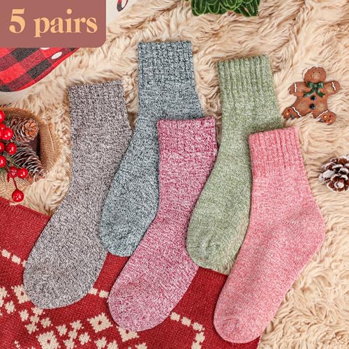 Image of LOCONHA Womens Wool Socks 5 Pairs Winter Warm Sock Thick Knit Cabin Cozy Crew Soft Socks Gifts for Women