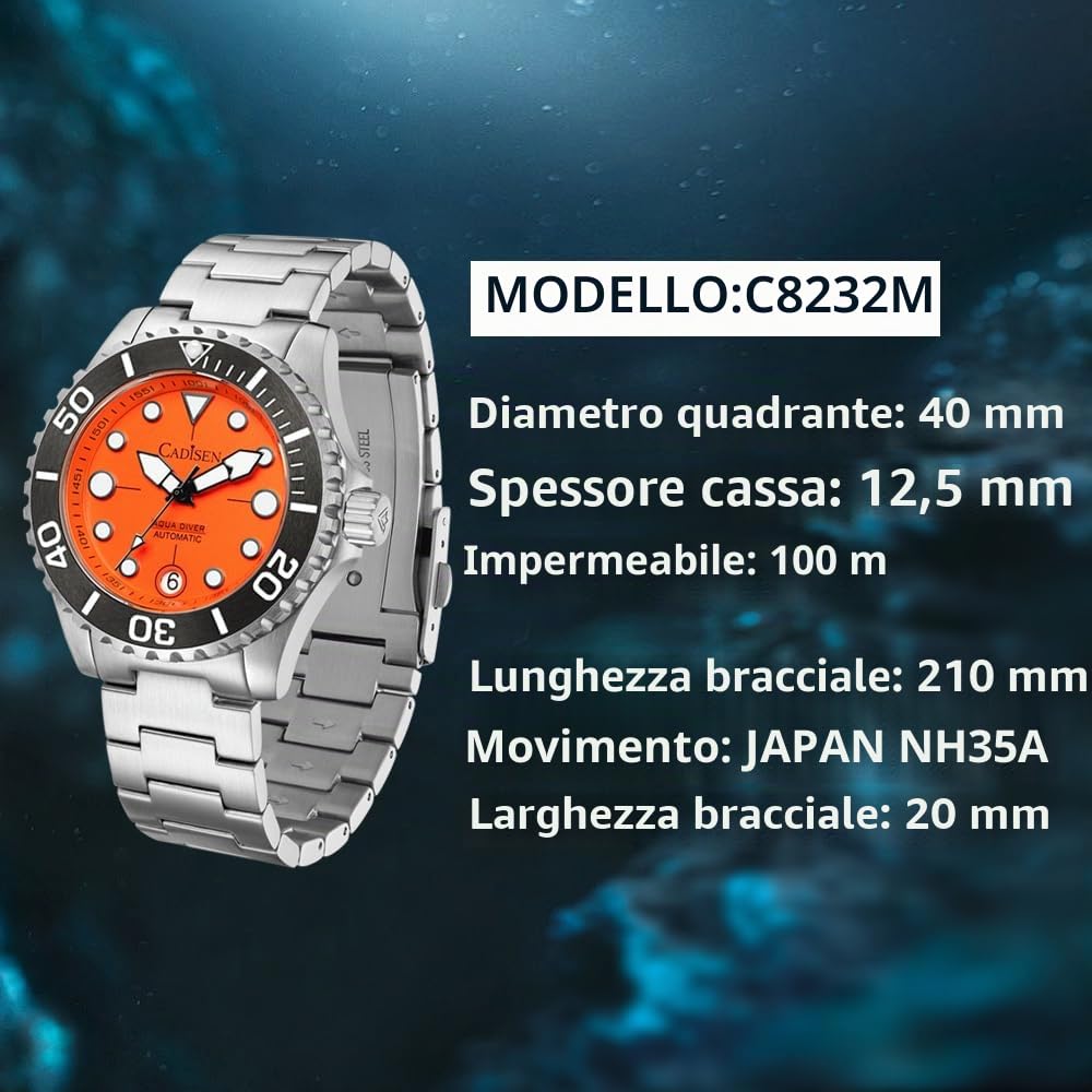 CADISEN Orologio automatico da uomo in acciaio inox vetro zaffiro impermeabile orologio da polso orologi uomo 40MM